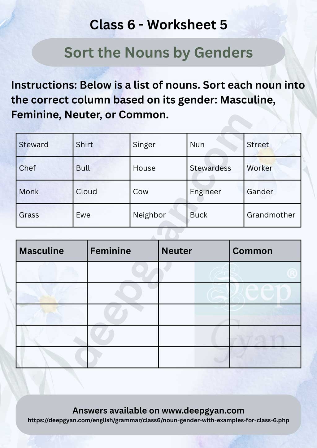 Noun Gender For Class 6 NCERT CBSE PDF Worksheets With Answers