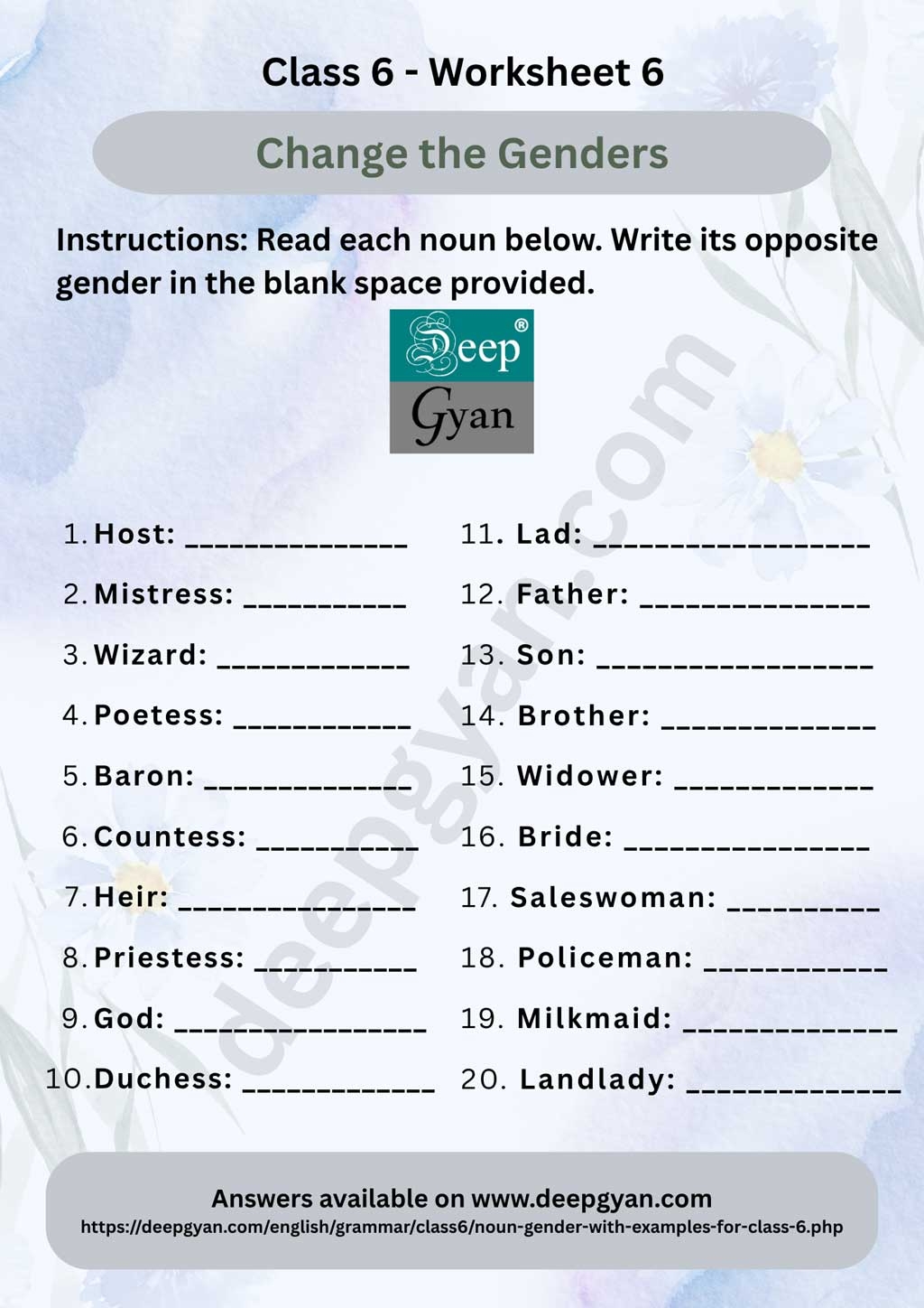 Noun Gender For Class 6 NCERT CBSE PDF Worksheets With Answers