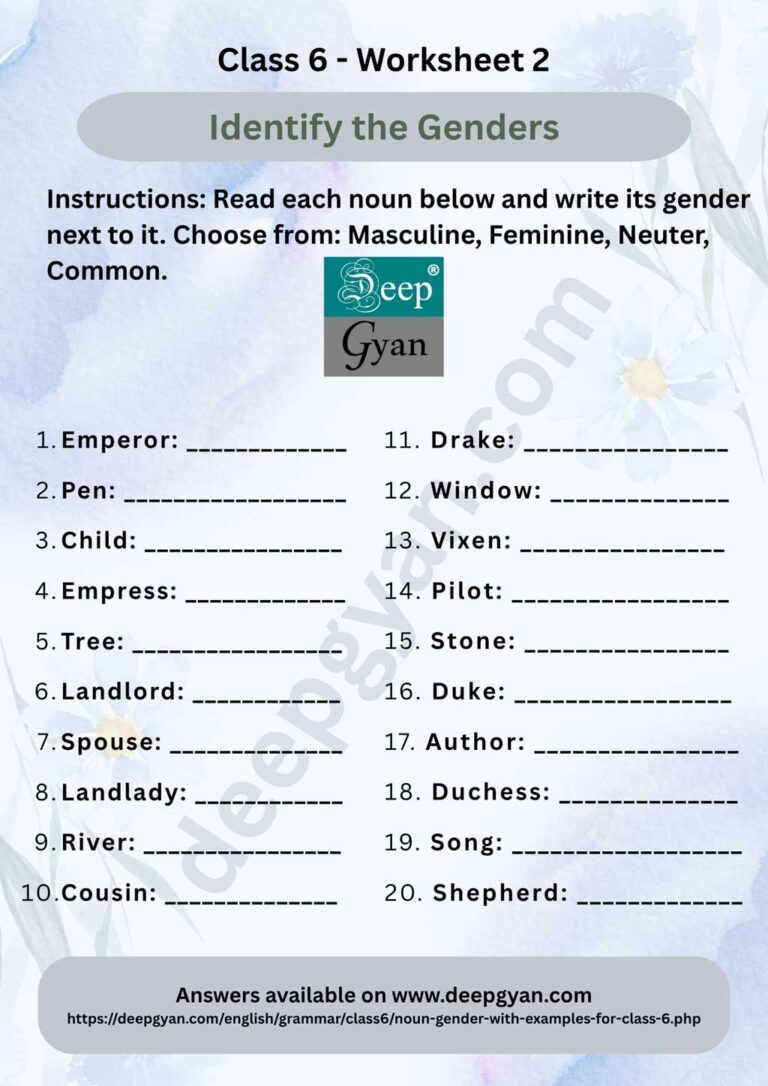 Noun Gender For Class 6 NCERT CBSE PDF Worksheets With Answers