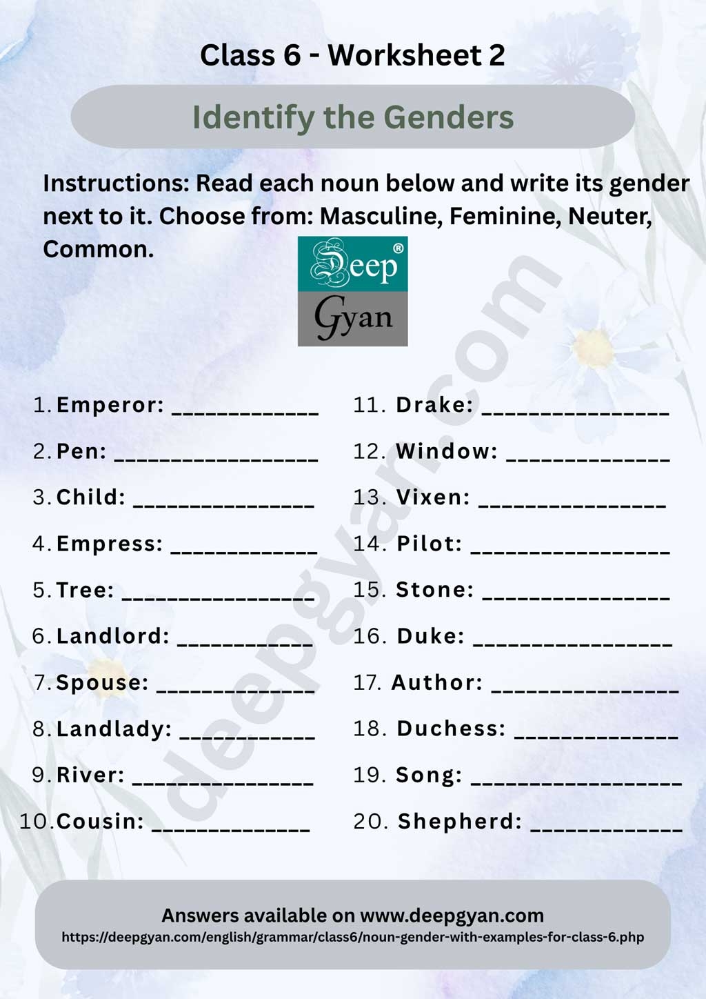 Noun Gender For Class 6 NCERT CBSE PDF Worksheets With Answers