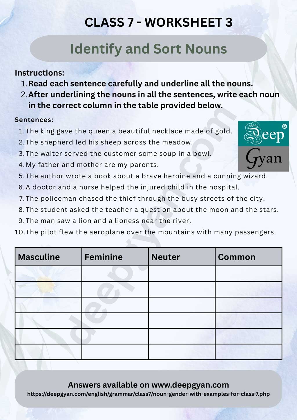 Noun Gender For Class 7 Worksheets With Answers