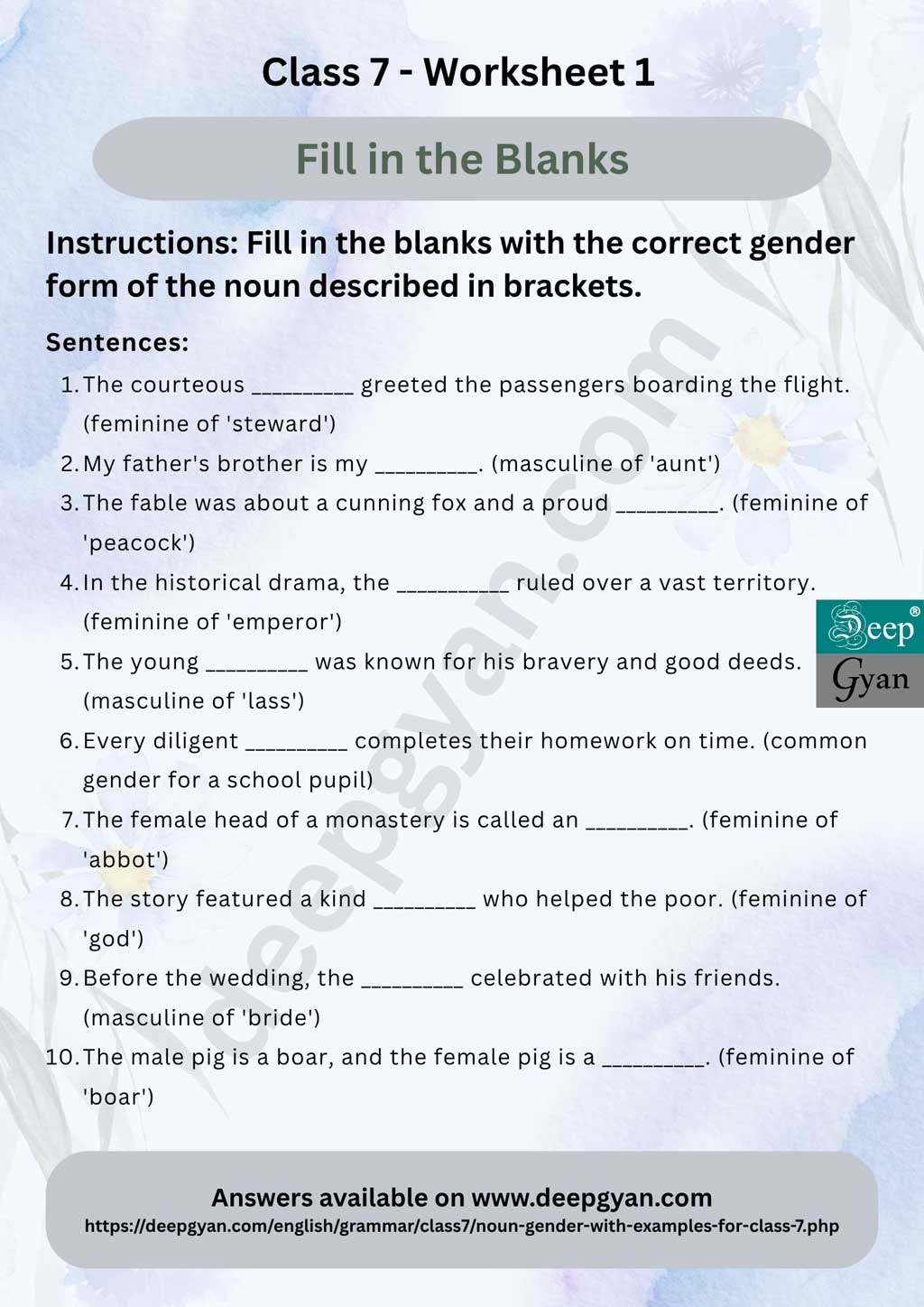 Grammar Worksheet For Class 7