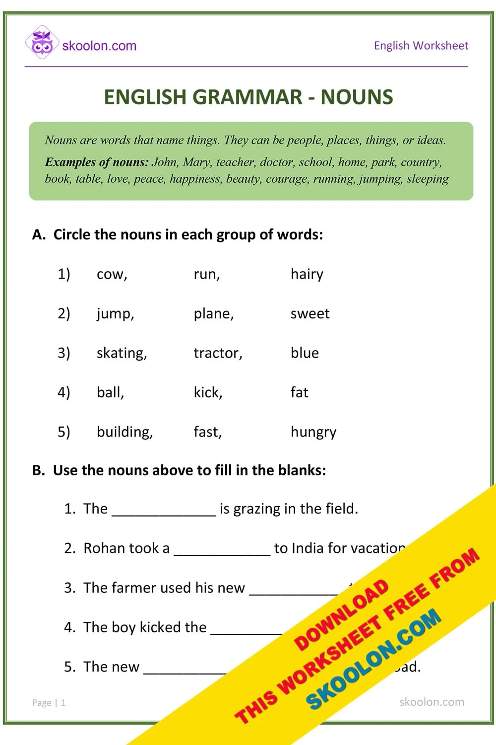 Nouns Worksheet 6 Skoolon Nouns Worksheet 6 Skoolon