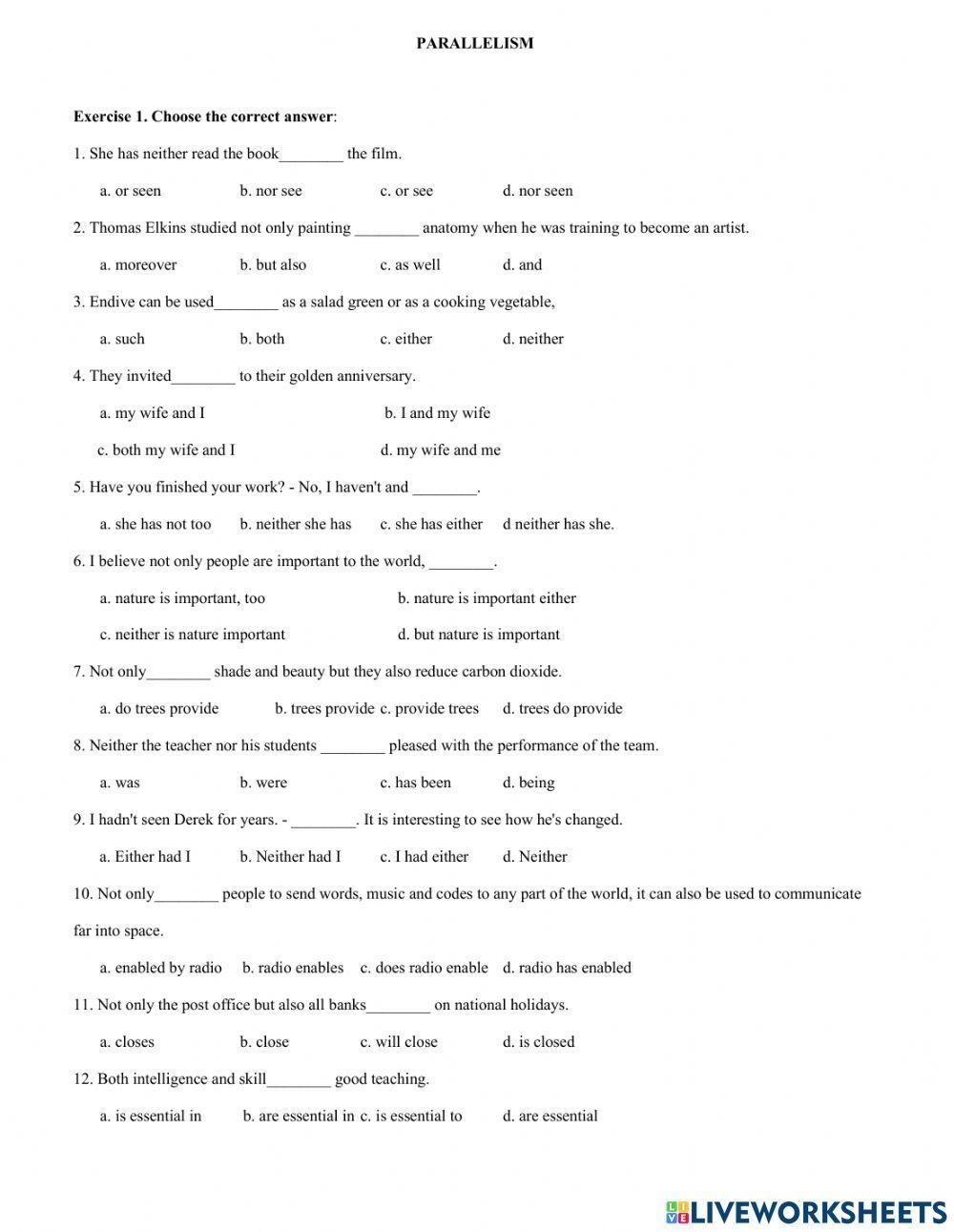 Grammar Worksheets Parallelism Answers