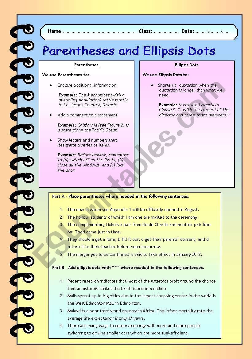 Parentheses And Ellipsis Dots ESL Worksheet By Dingjai