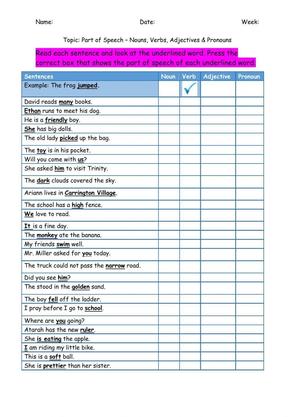 Grammar Worksheets Parts Of Speech