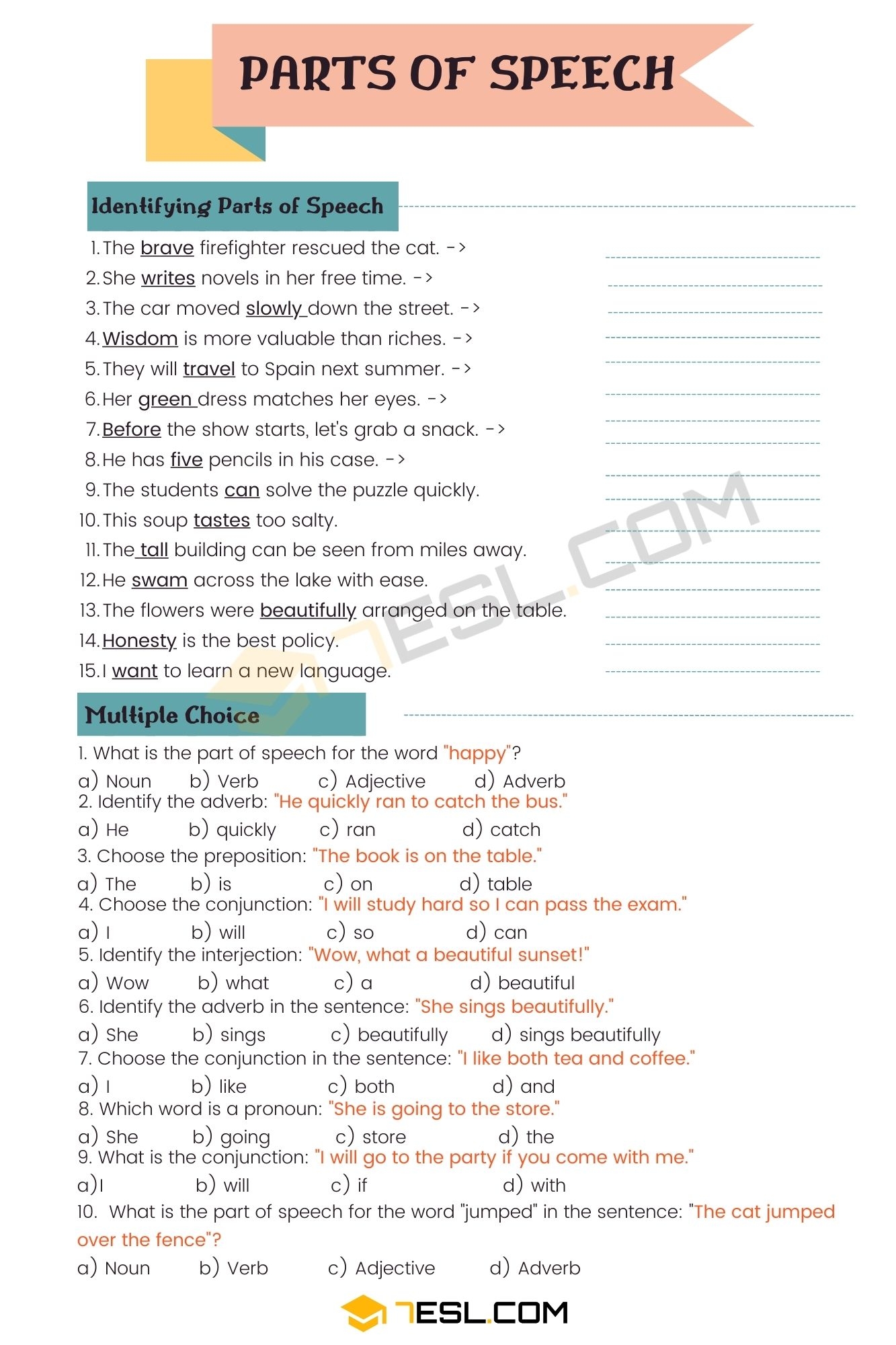 7t Grade Grammar Word Functions Worksheets