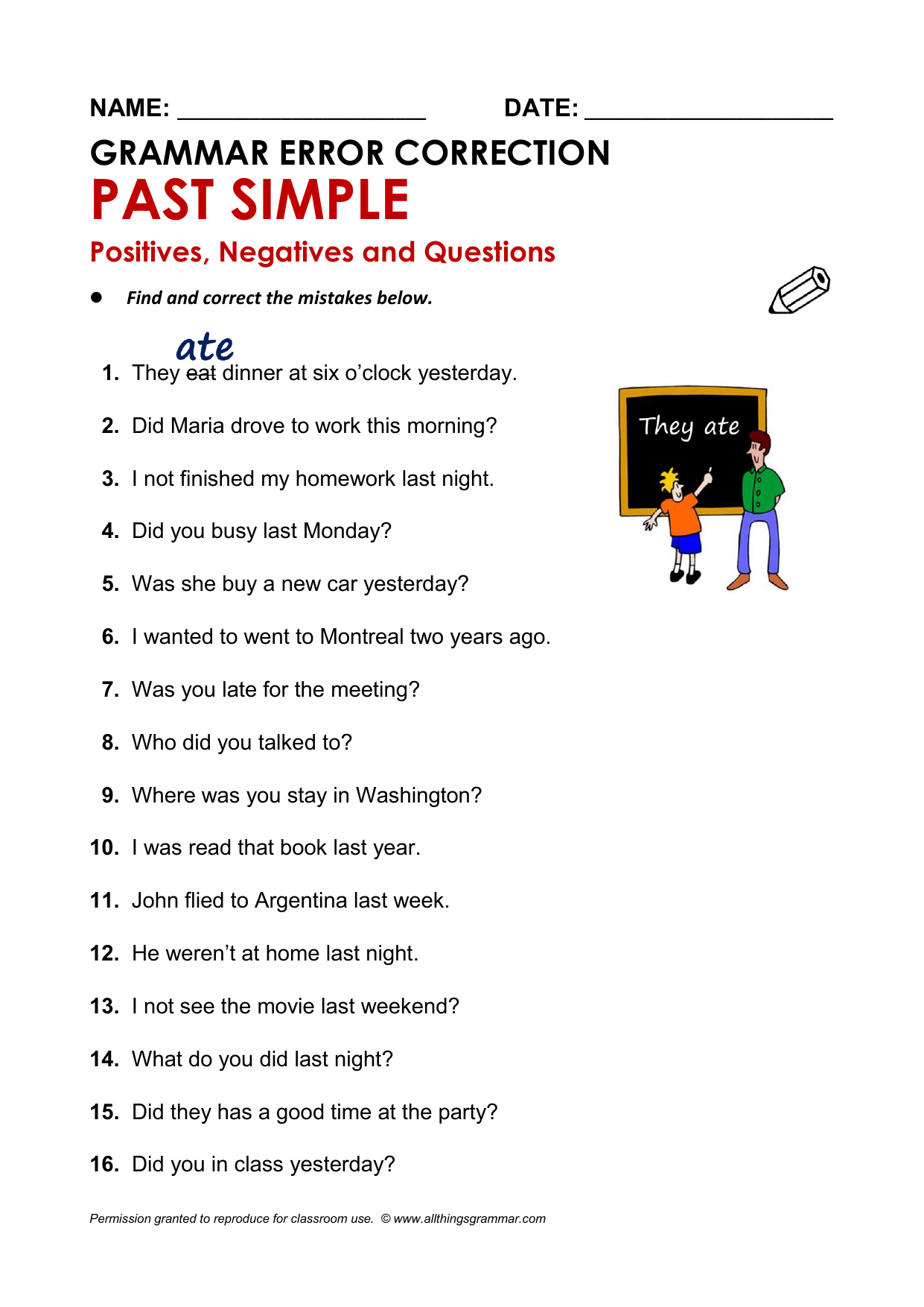 Past Simple Grammar Error Correction Worksheet Past Simple Grammar Error Correction Worksheet
