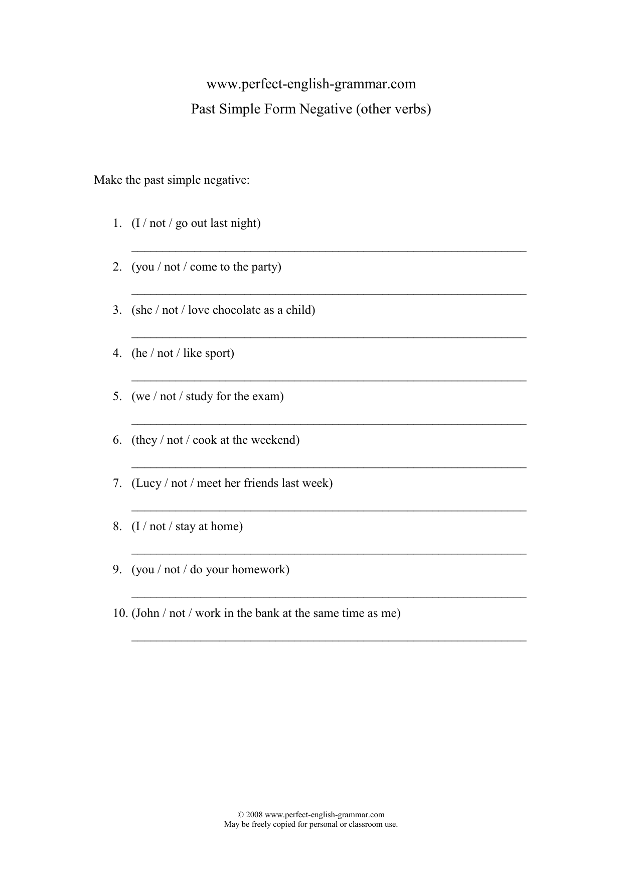 Grammar Worksheet Past Simple Negatives