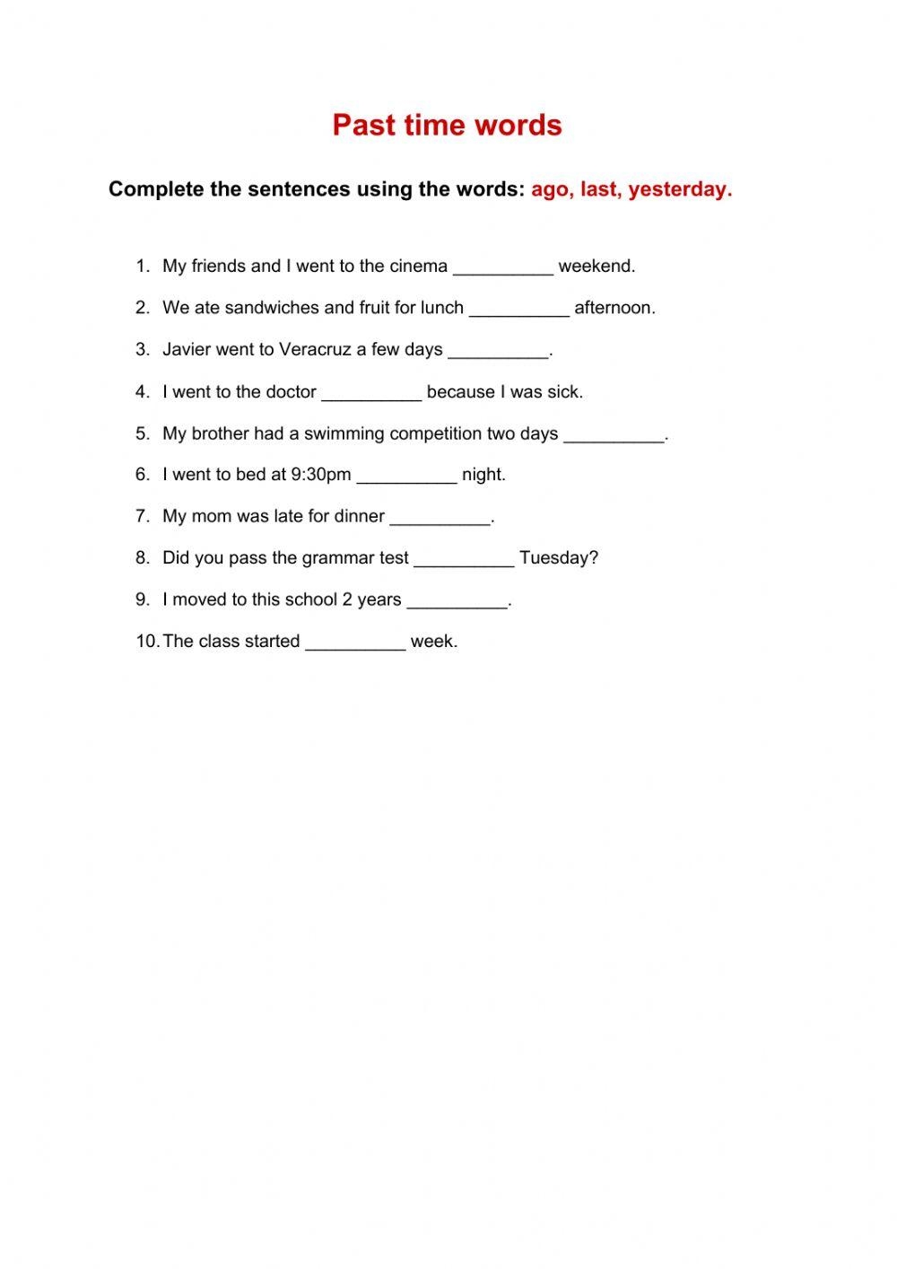 Past Time Words Free Interactive Worksheets 682347