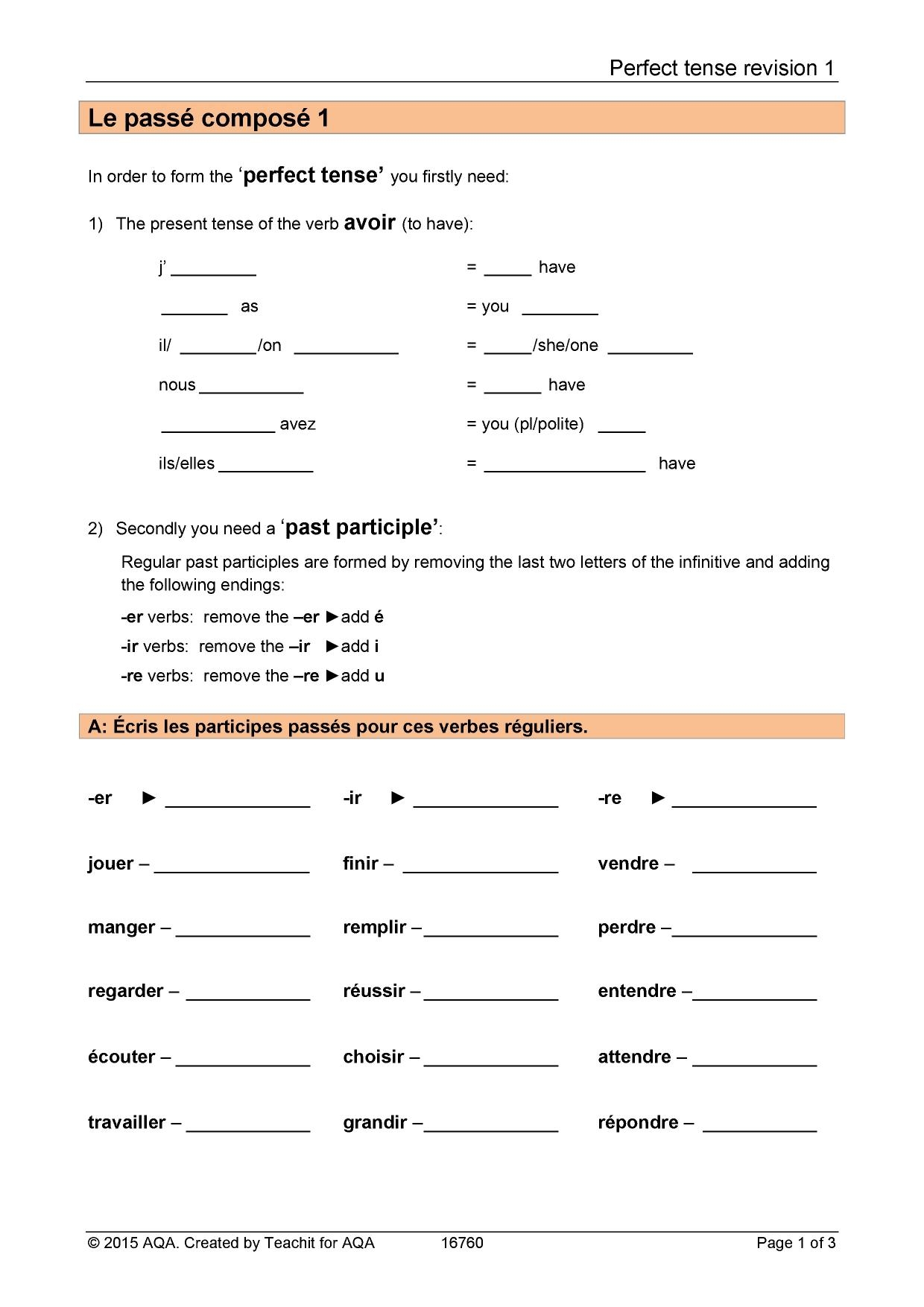 Perfect Tense Worksheets Grammar Revision KS3 4 French Teaching Resource Teachit Perfect Tense Worksheets Grammar Revision KS3 4 French Teaching Resource Teachit