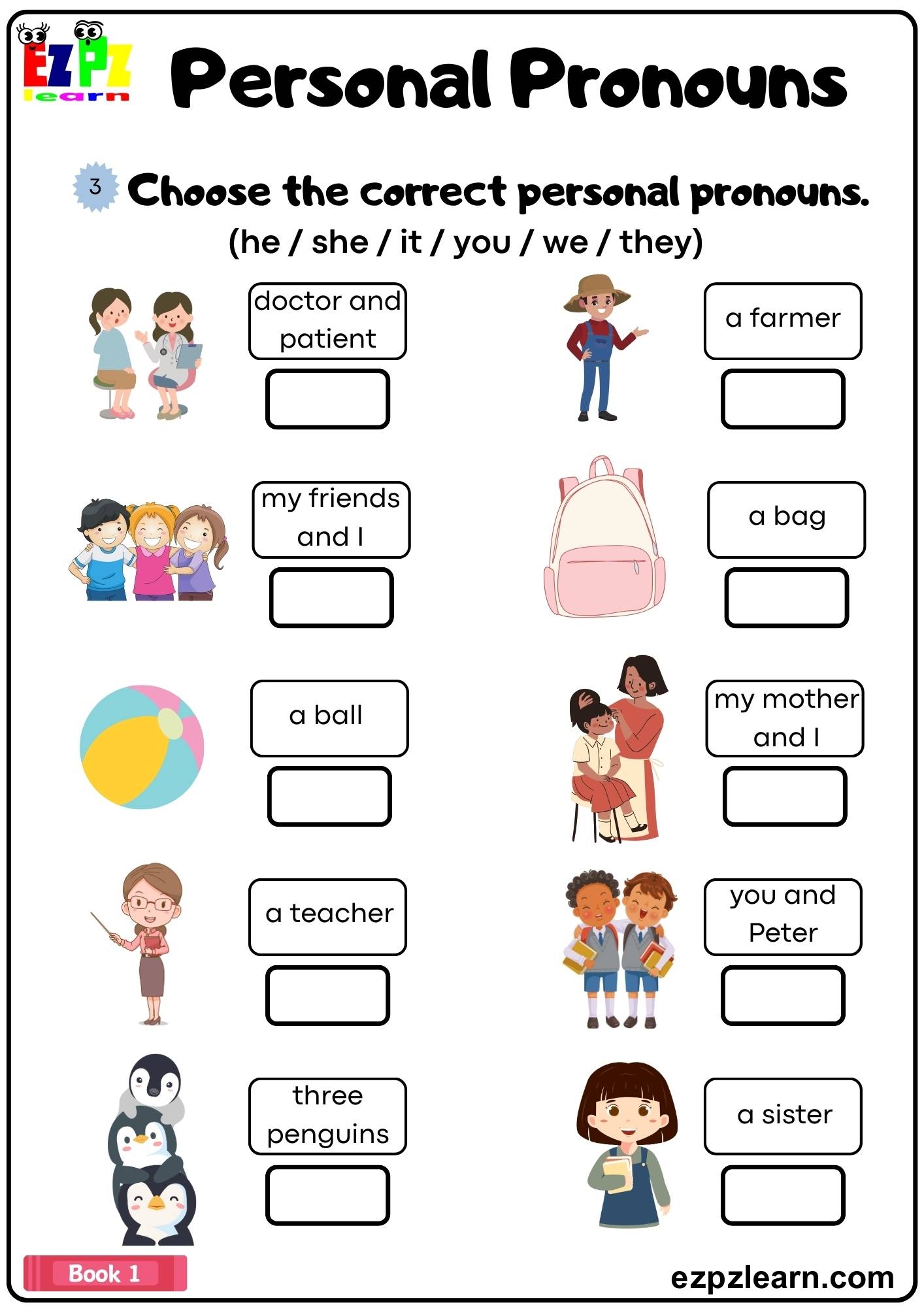 Personal Pronouns Choose The Correct Pronouns Grammar Worksheet Book 1 Ezpzlearn
