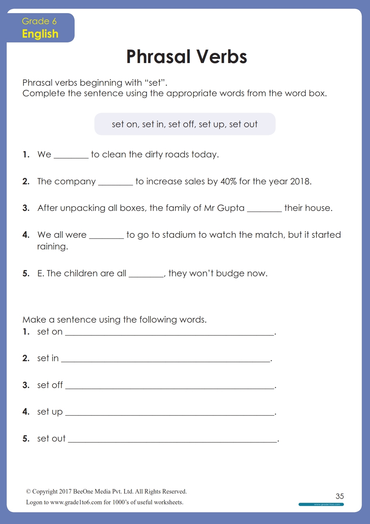 Phrasal Verbs Worksheet Grade1to6