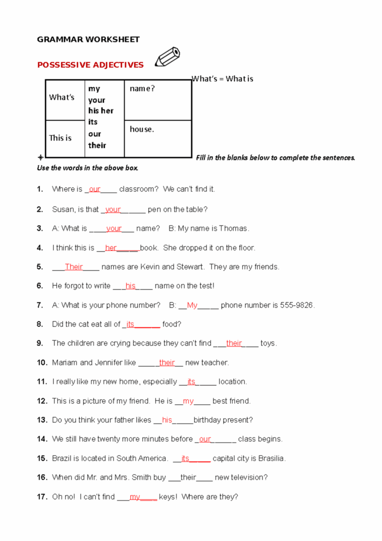 Possessive Adjective Exercise GRAMMAR WORKSHEET POSSESSIVE ADJECTIVES What s What Is Fill In Studocu