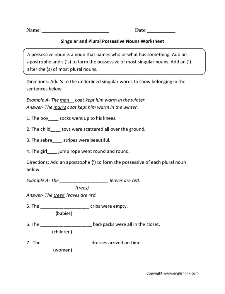 Possessive Nouns Worksheets Singular And Plural Possessive Nouns Worksheets