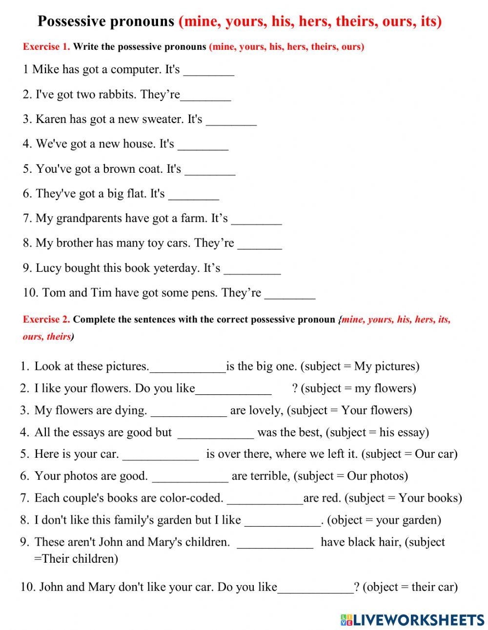 Possessive Pron Free Interactive Worksheets 7070024