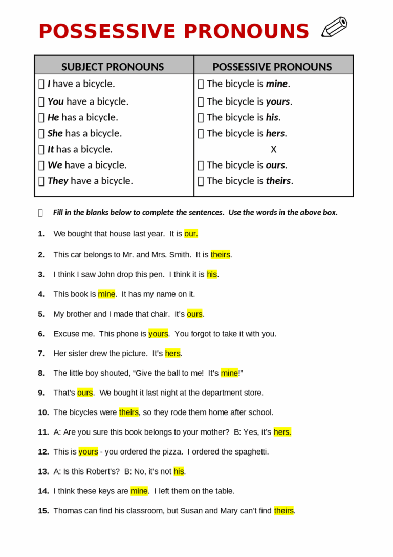 Possessive Pronouns And Subject Pronouns A High School Grammar Exercise Ex menes Selectividad De Ingl s Docsity