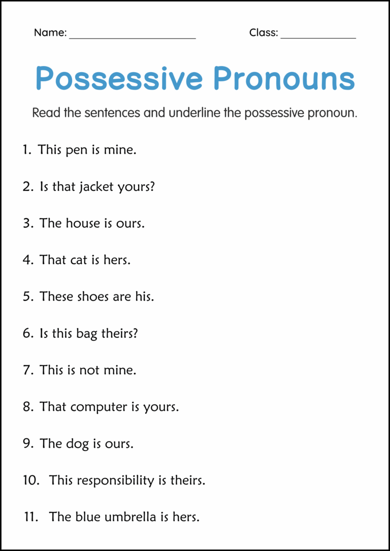 Possessive Pronouns Grammar Activity Worksheets For Grade 2 3 4 Made By Teachers