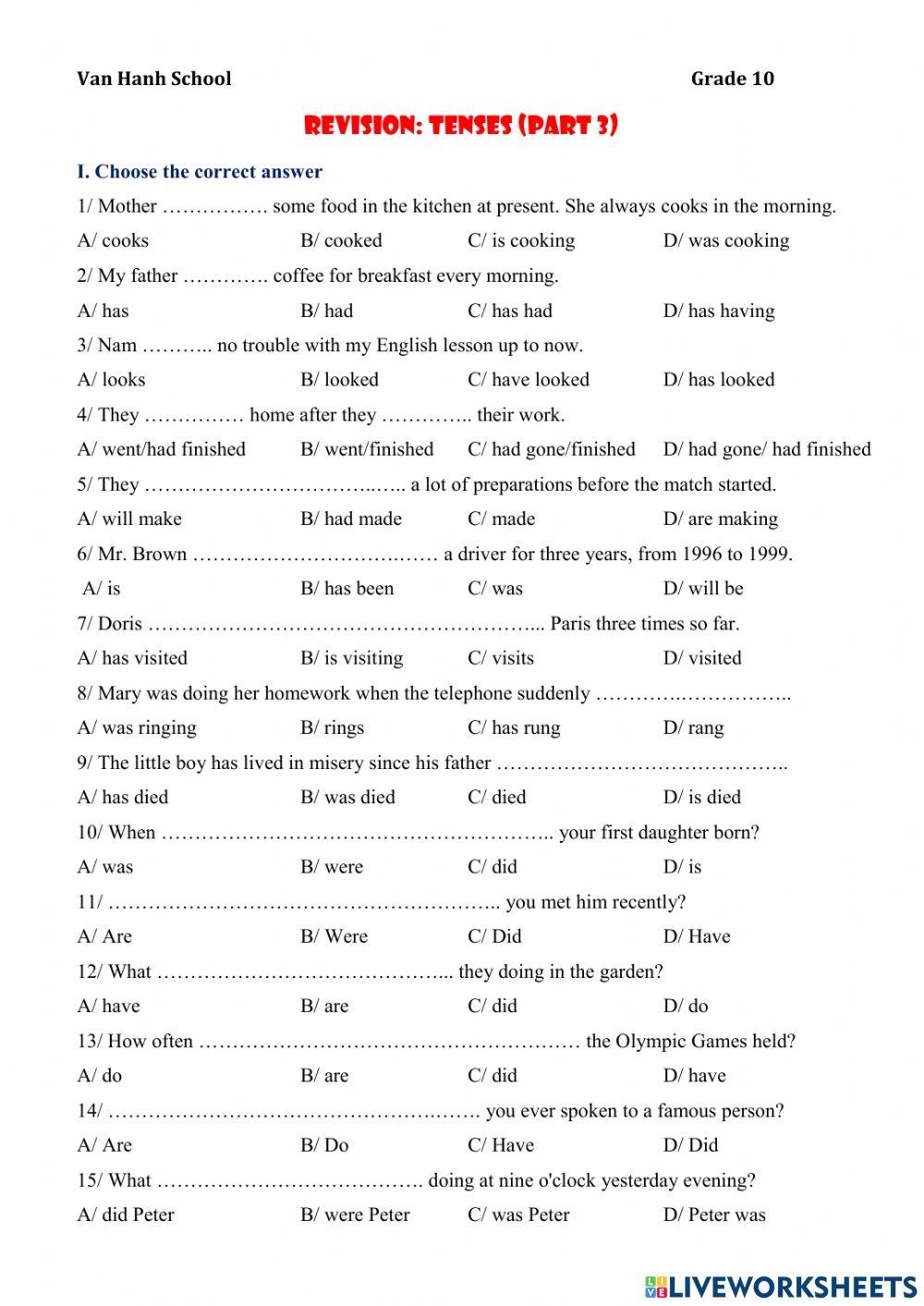 Practice TENSES Free Interactive Worksheets 1411351