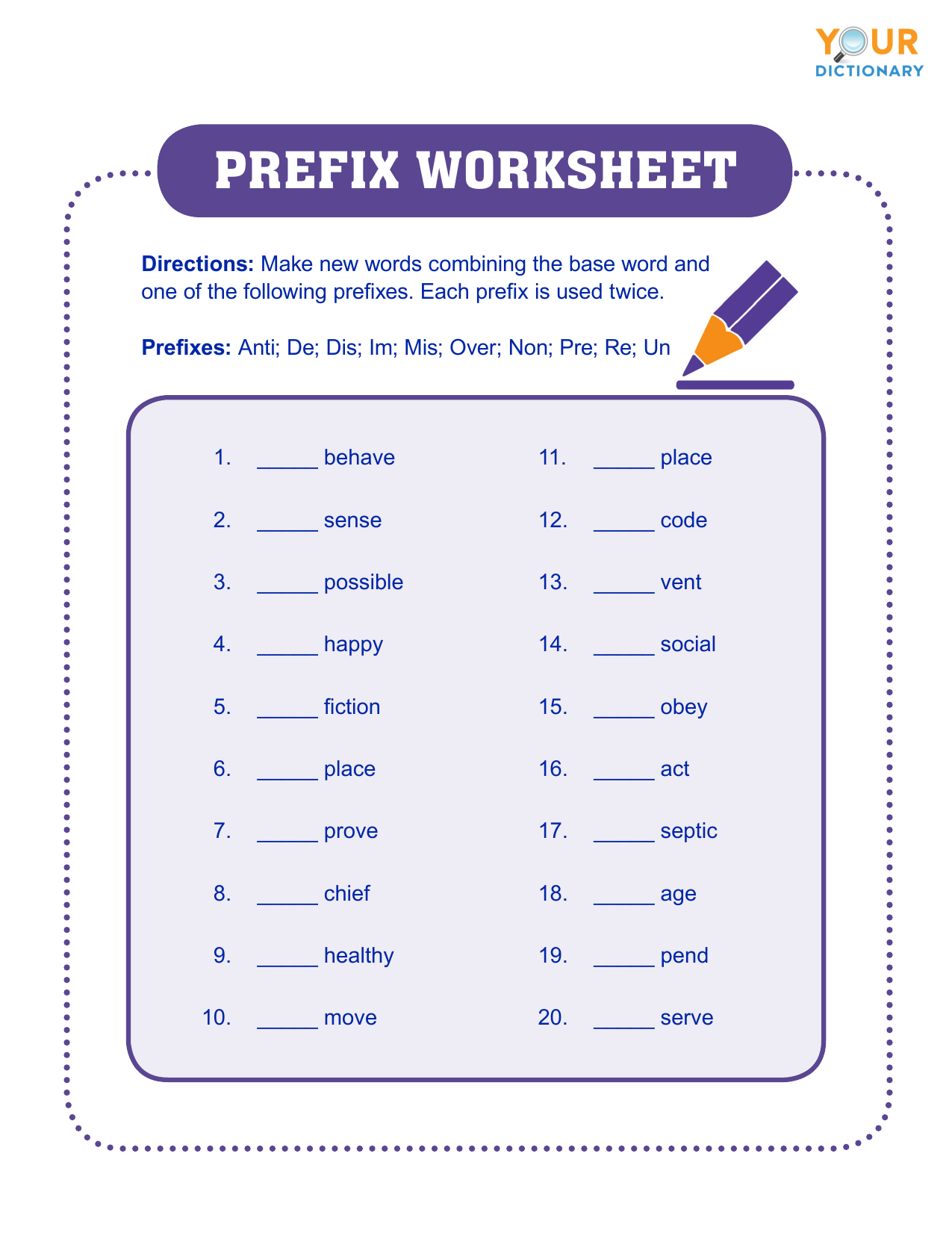 Prefix Worksheet Practice Adding Prefixes To Words