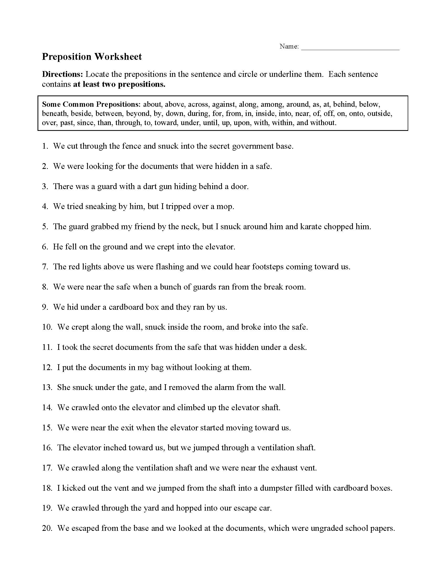 Preposition Worksheets And Activities Parts Of Speech