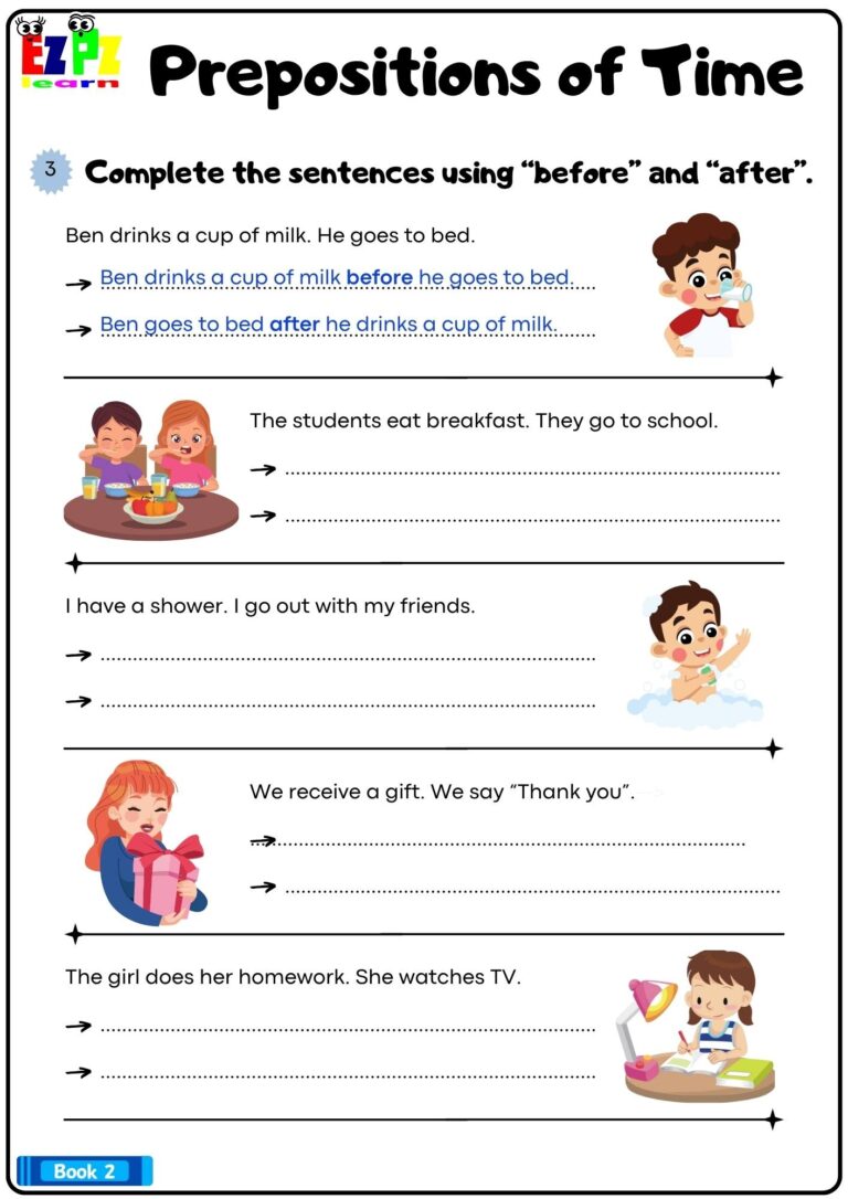 Prepositions Of Time Complete The Sentences Using Before And After Bk2 Grammar Worksheet Printable Pdf Ezpzlearn