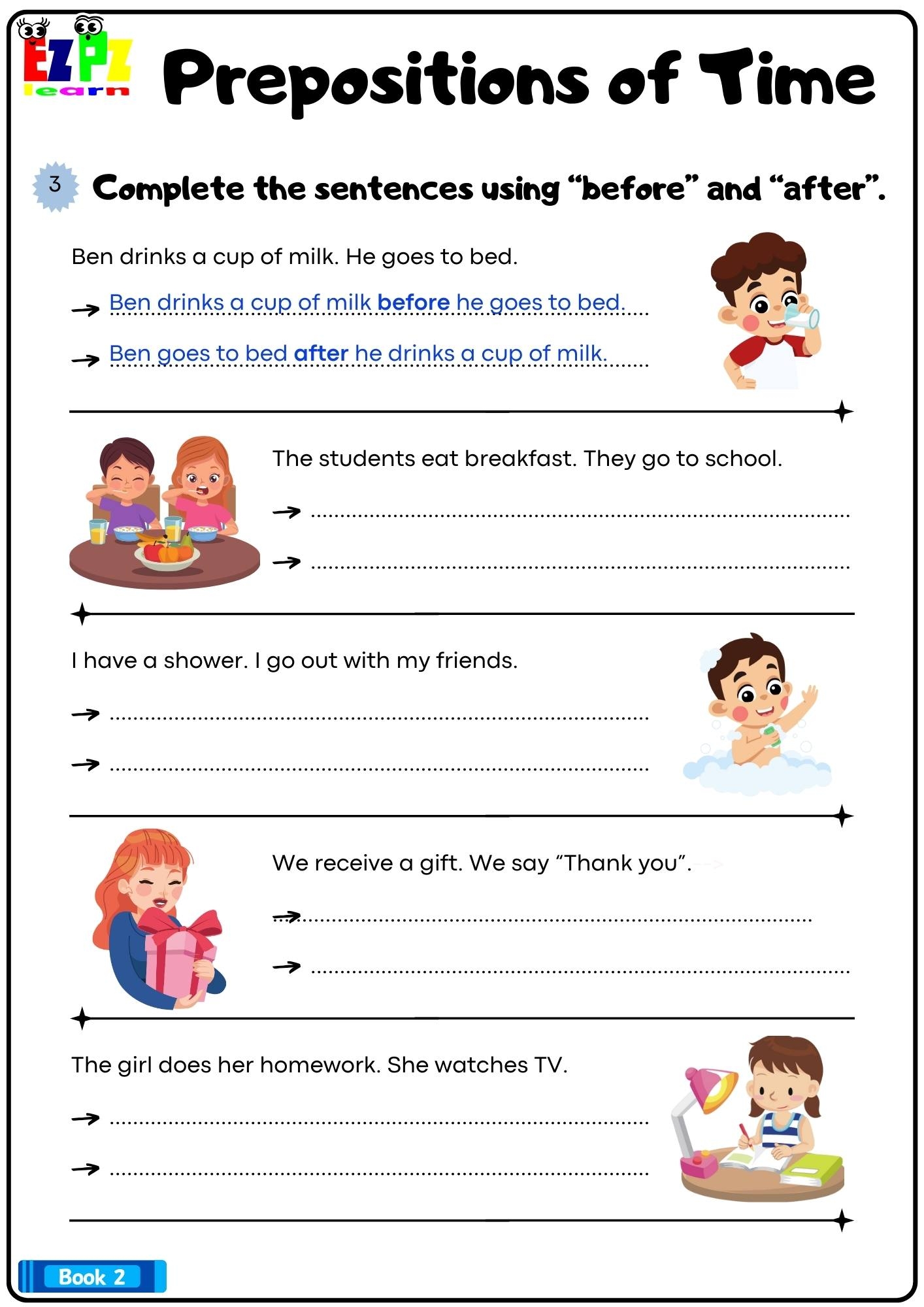 Prepositions Of Time Complete The Sentences Using Before And After Bk2 Grammar Worksheet Printable Pdf Ezpzlearn