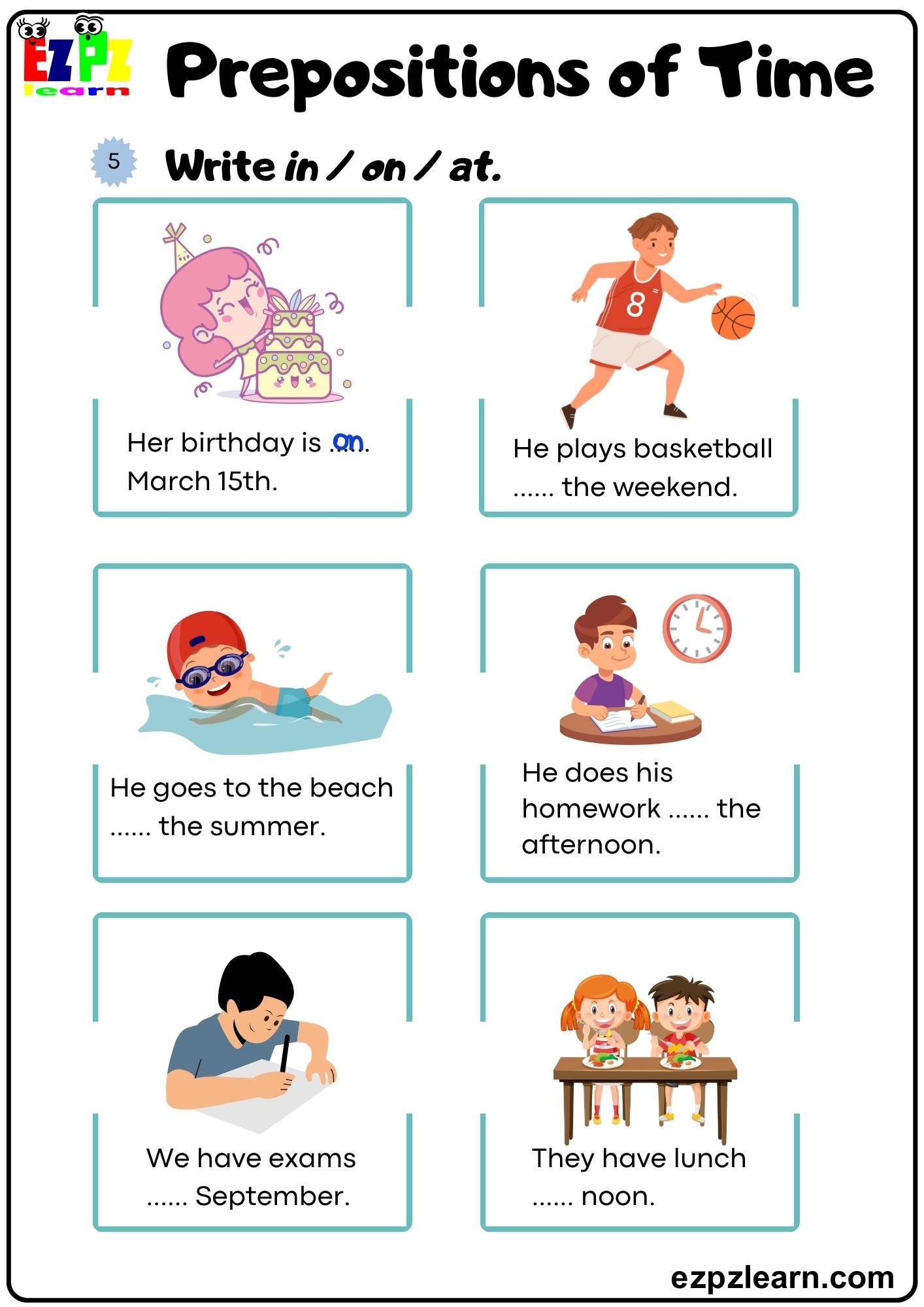 Prepositions Of Time Grammar Exercise Look At The Image And Fill 