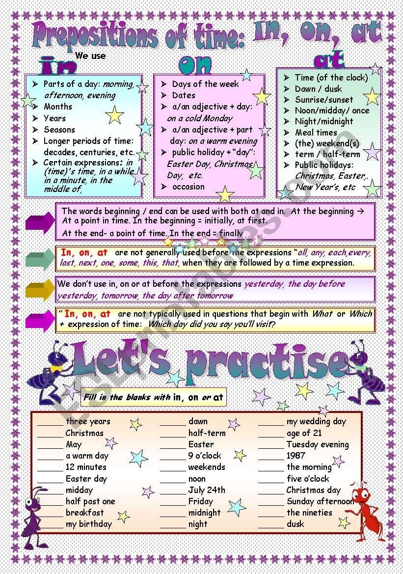 PREPOSITIONS OF TIME IN ON AT B W And ANSWER KEY ESL 