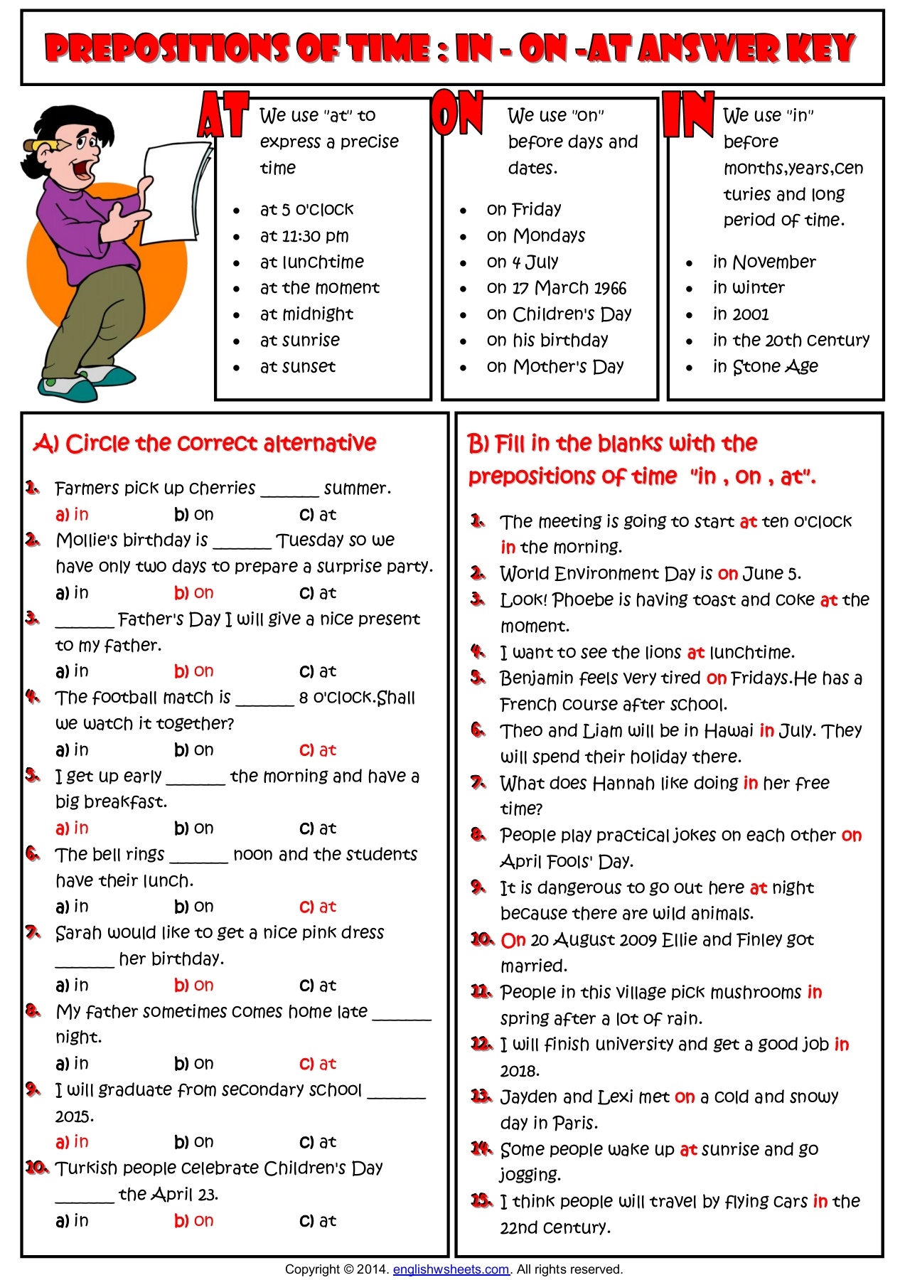 Prepositions Of Time In On At Esl Grammar Exercises Worksheet