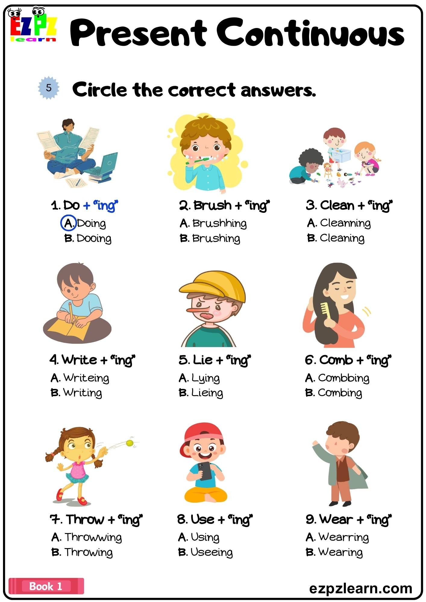 Present Continuous Circle The Correct Answers Grammar Worksheet Pdf Book 1 Ezpzlearn