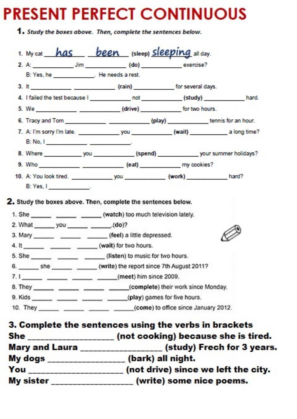 Grammar Worksheet Present Perfect Continuous Grammar Worksheet Present Perfect Continuous