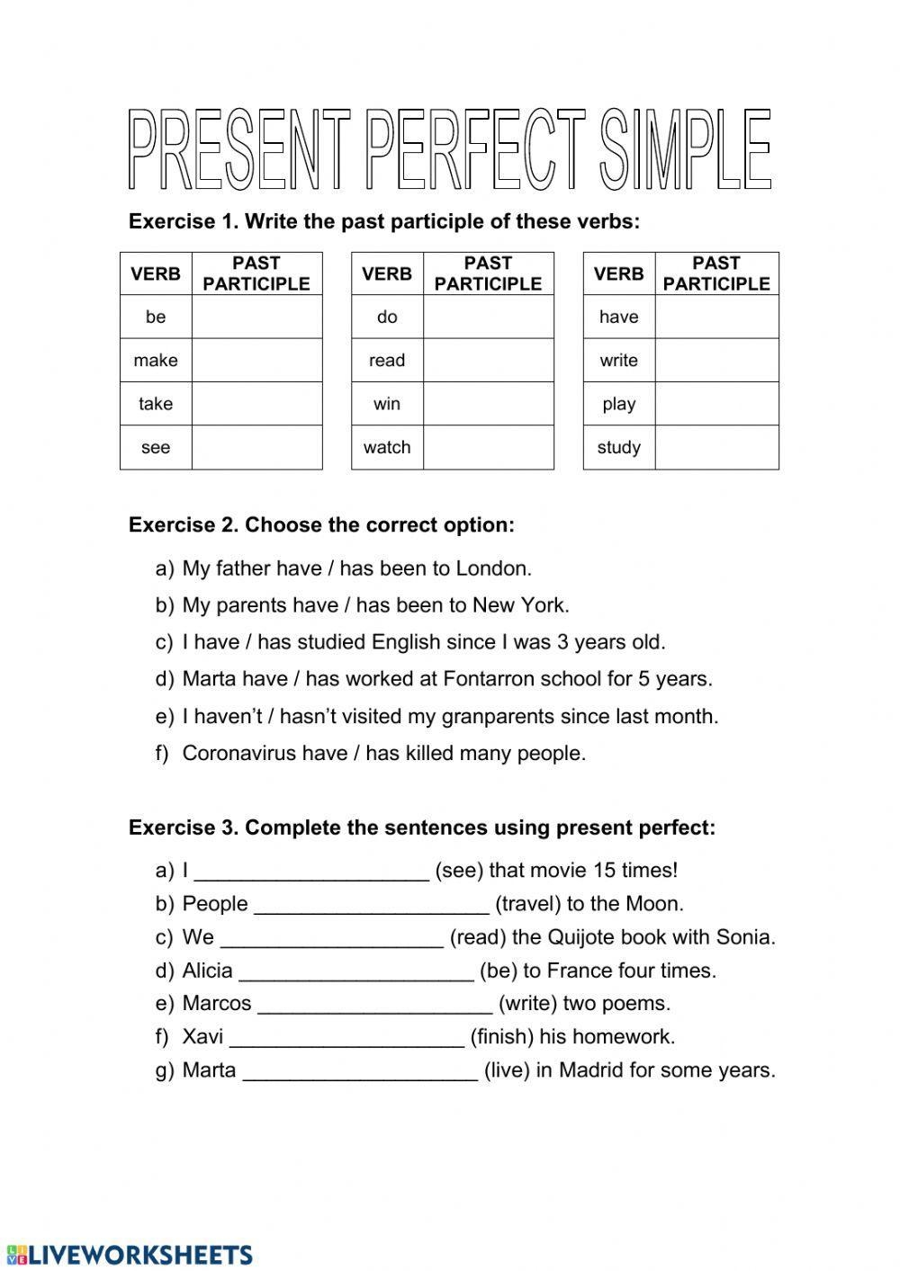 Present Perfect Free Interactive Worksheets 88618