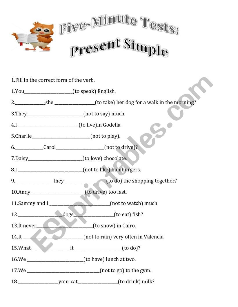 Present Simple 5 Minute Test ESL Worksheet By Irina2