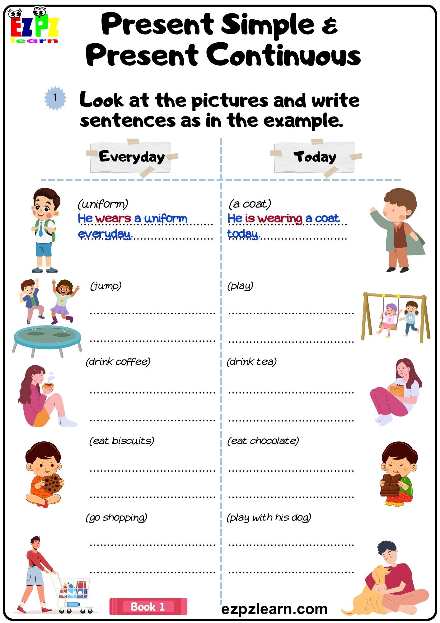 Present Simple And Present Continuous Grammar Worksheet Look At The Pictures And Write The Answers Pdf Book1 Ezpzlearn