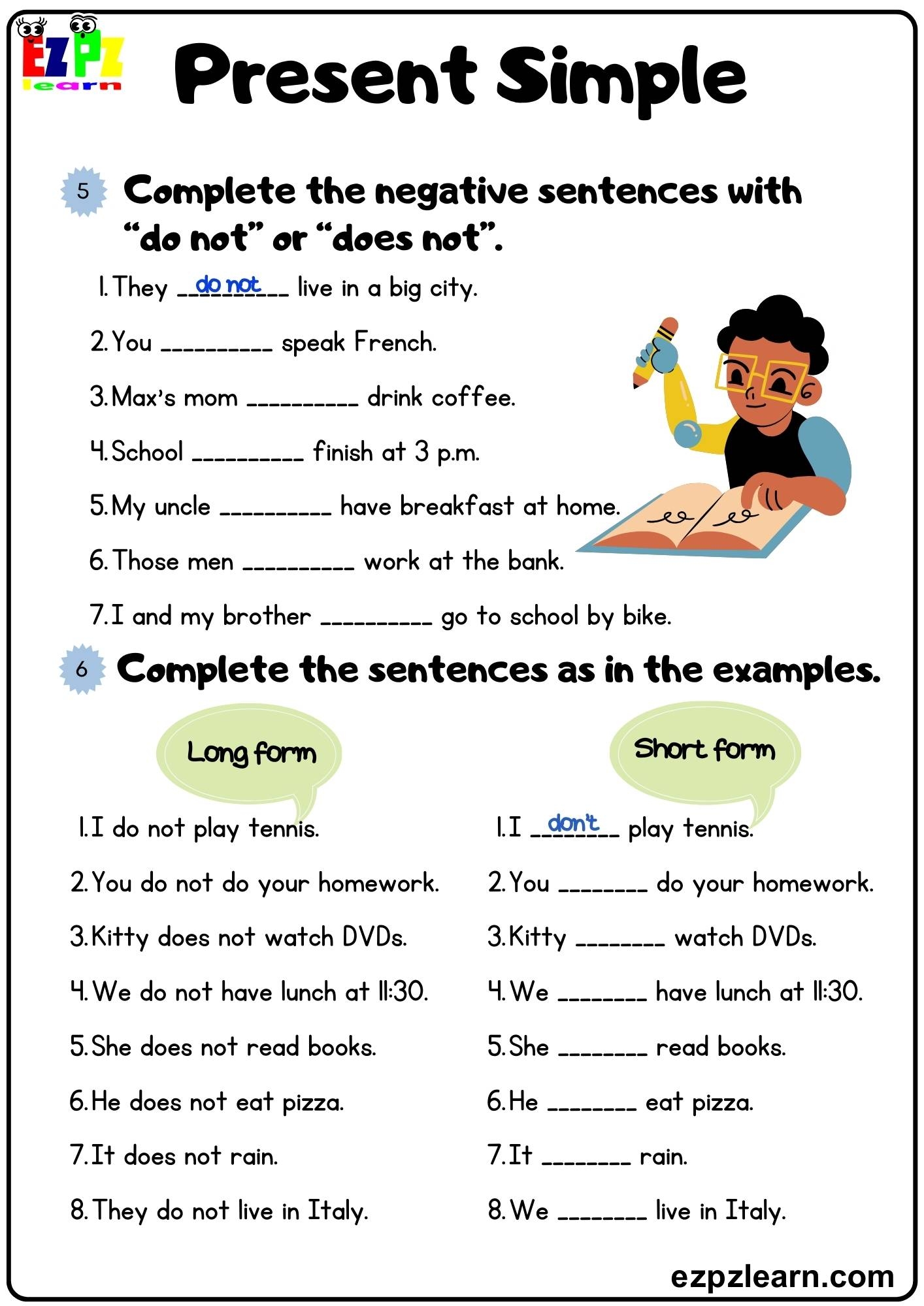 Present Simple Complete The Negative Sentences Grammar Worksheet Book 1 Pdf Ezpzlearn Present Simple Complete The Negative Sentences Grammar Worksheet Book 1 Pdf Ezpzlearn