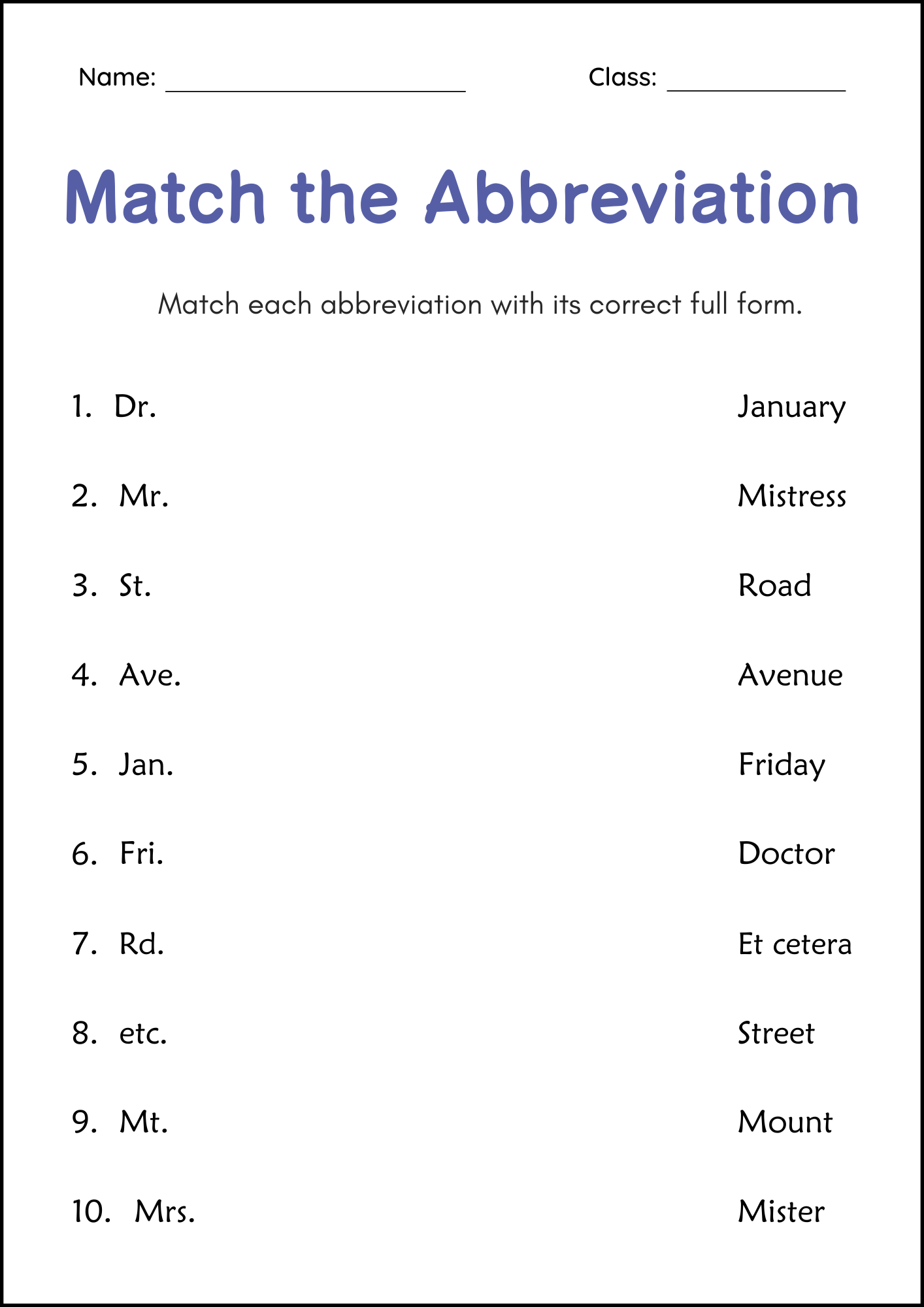 Printable Abbreviations Grammar Worksheets Abbreviations Matching For Grade 1 Teaching Resources