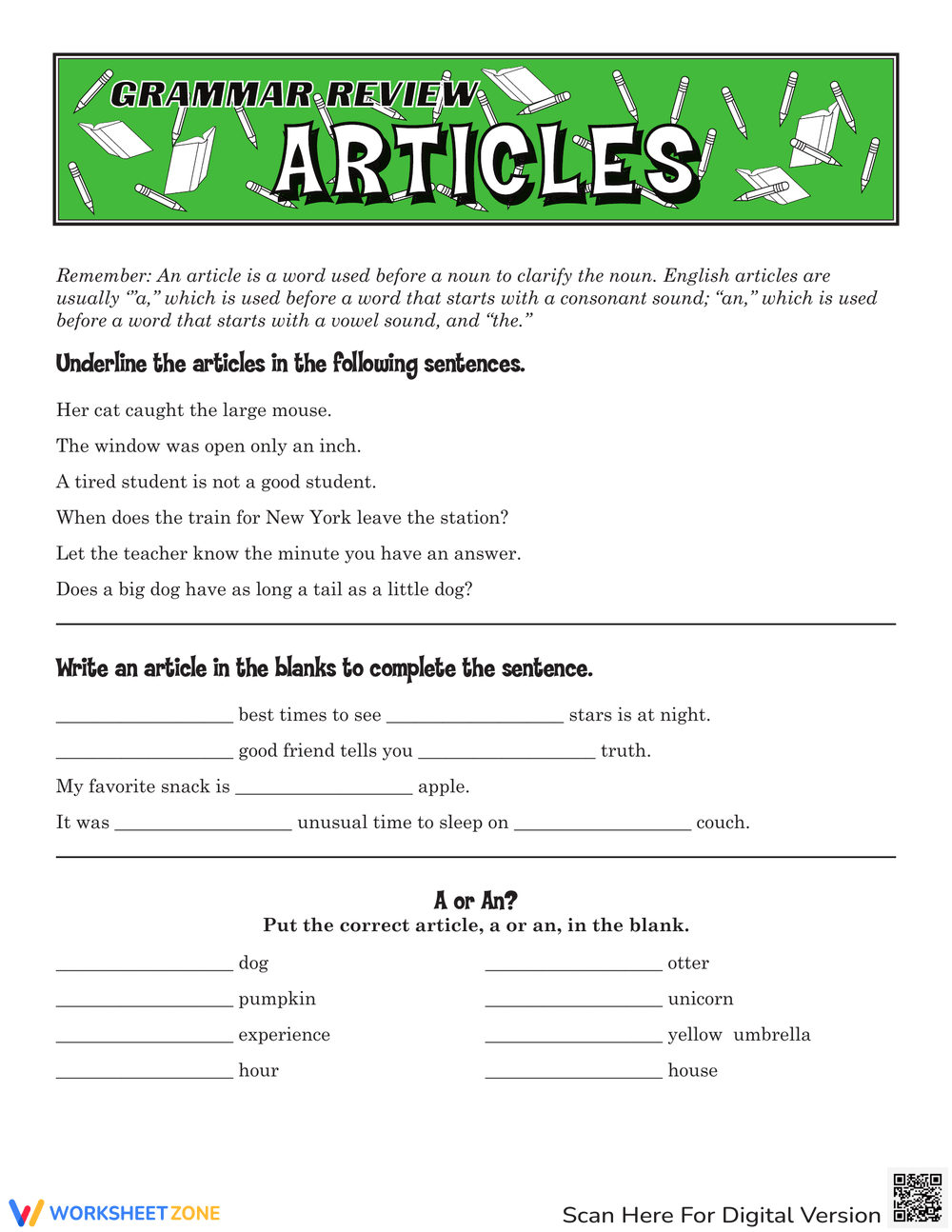 Articles Grammar Worksheet For Grade 3