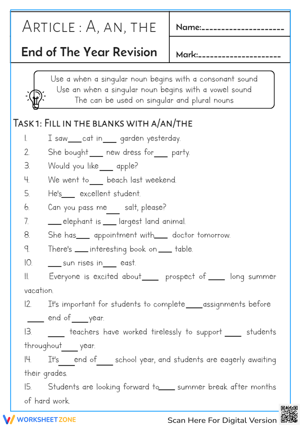 Printable Grade 3 Articles Worksheets