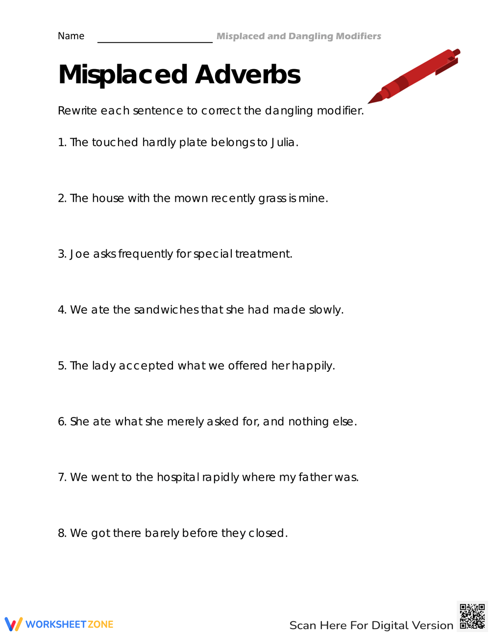 Printable Grade 7 Misplaced And Dangling Modifiers Worksheets