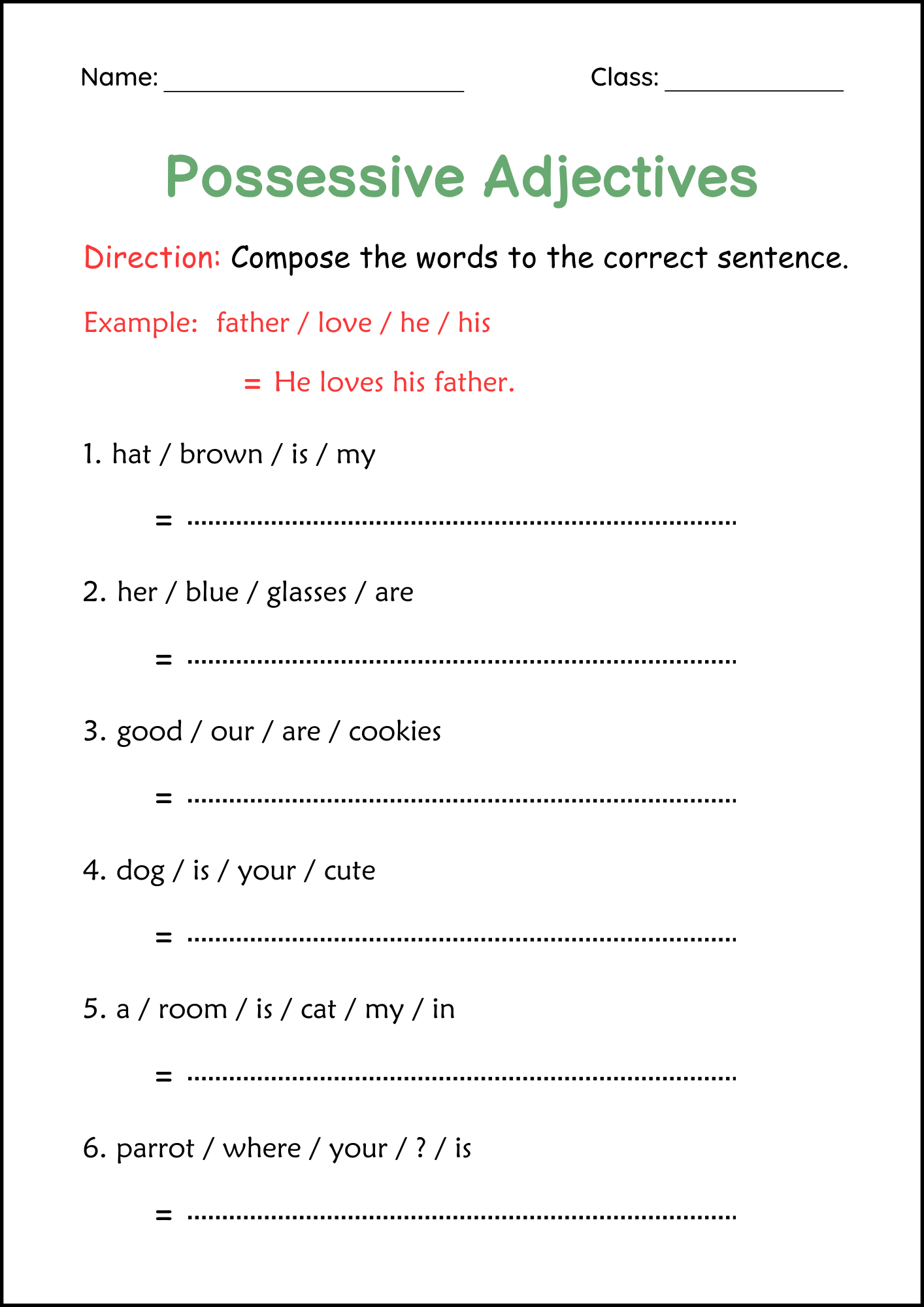 Printable Possessive Adjectives Grammar Worksheet For Grade 1 Made By Teachers