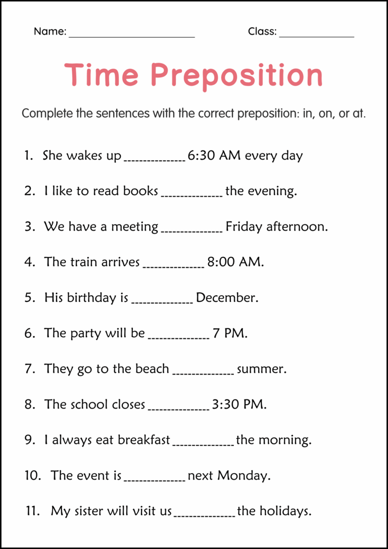 Printable Preposition Of Time In On Or At Worksheets For Grade 1 2 3 Teaching Resources