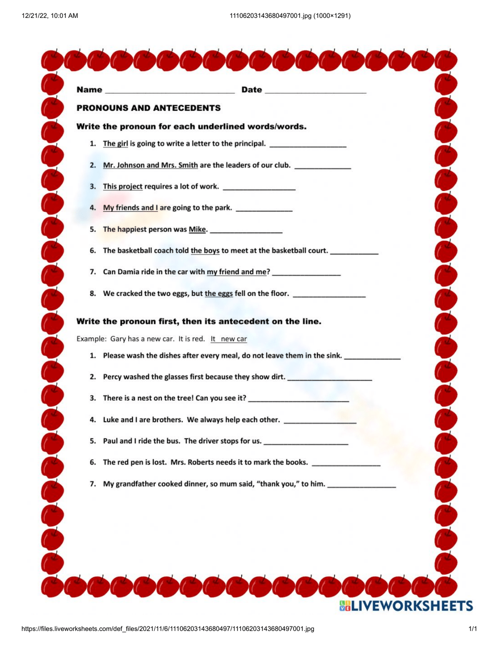 Printable Pronouns And Antecedents Worksheets Download