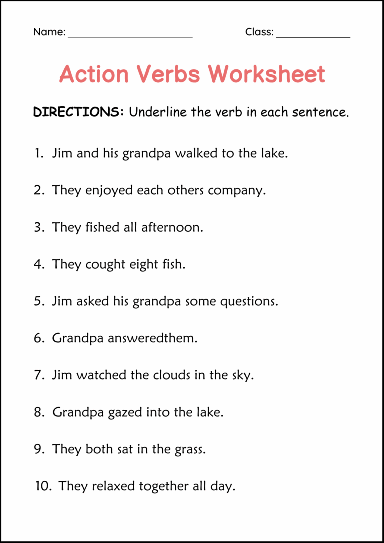Printable Sentences Action Verbs Grammar Worksheets Circle The Action Verbs Made By Teachers