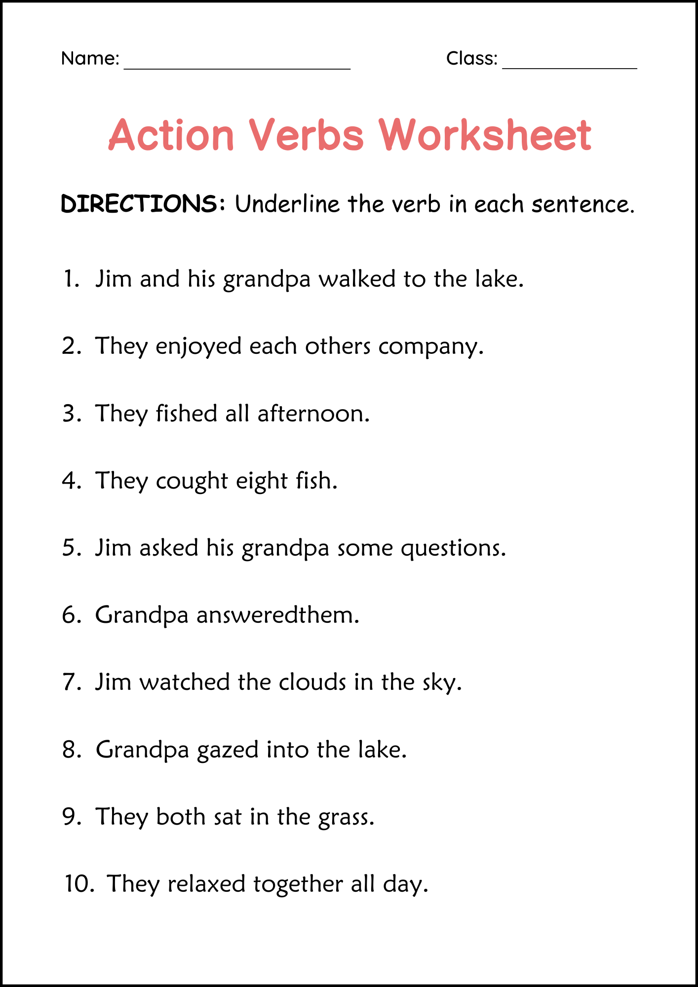 Printable Sentences Action Verbs Grammar Worksheets Circle The Action Verbs Made By Teachers