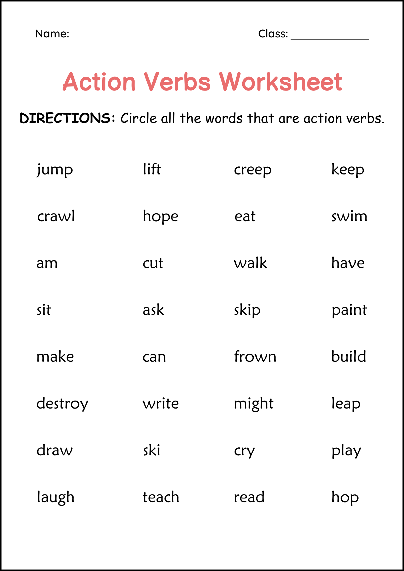 Printable Sentences Action Verbs Grammar Worksheets Circle The Action Verbs Made By Teachers
