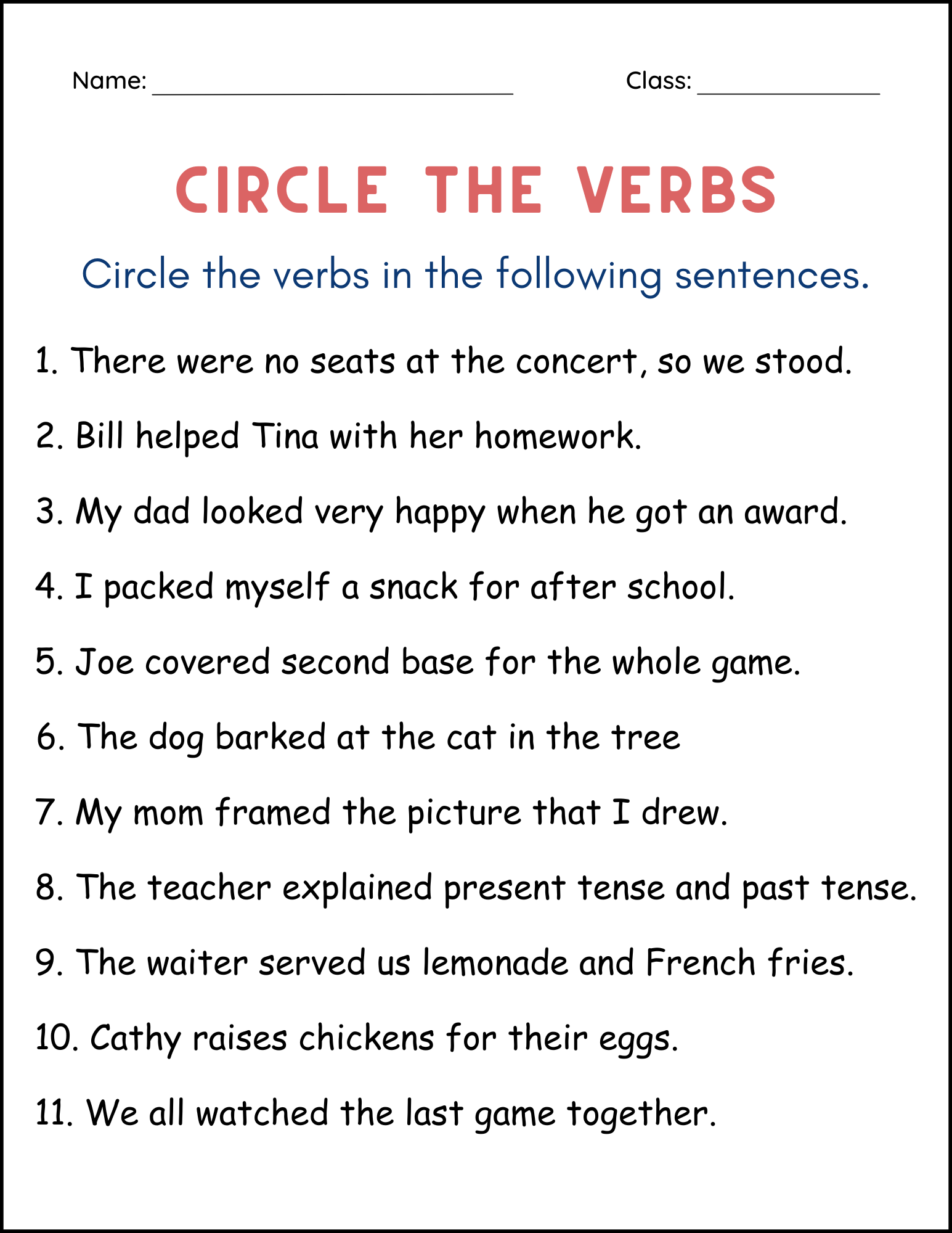 Printable Sentences Circle The Verbs Grammar Worksheet For Grade 2 Made By Teachers