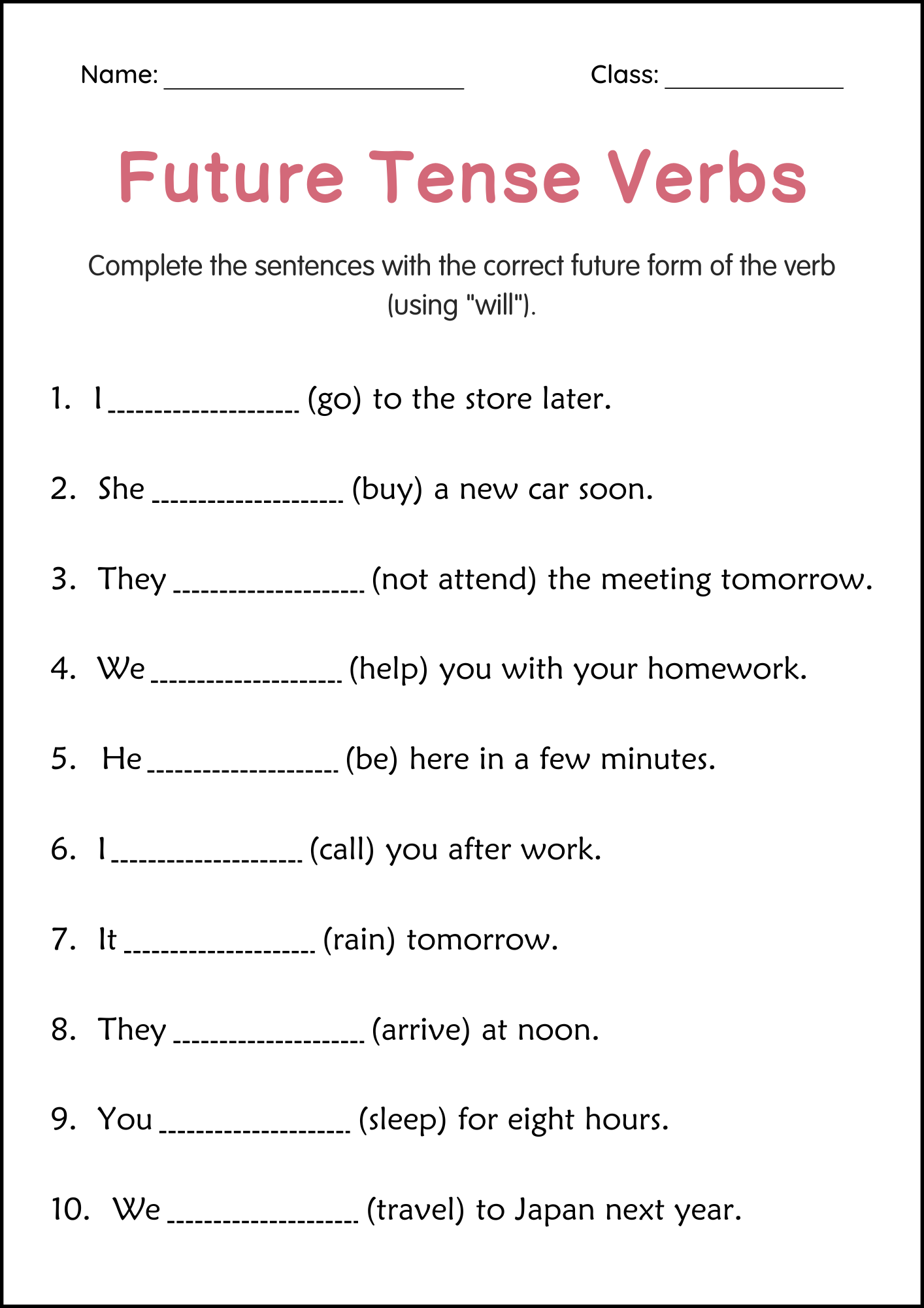 Printable Simple Future Tense Verbs Grammar Worksheets For Grade 2 