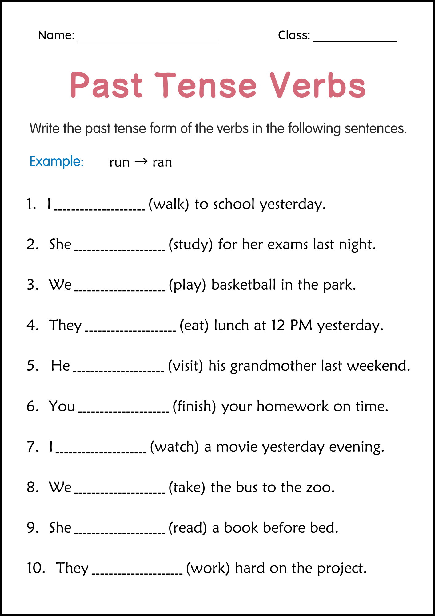 Printable Simple Past Tense Verbs Grammar Worksheets For Grade 2 