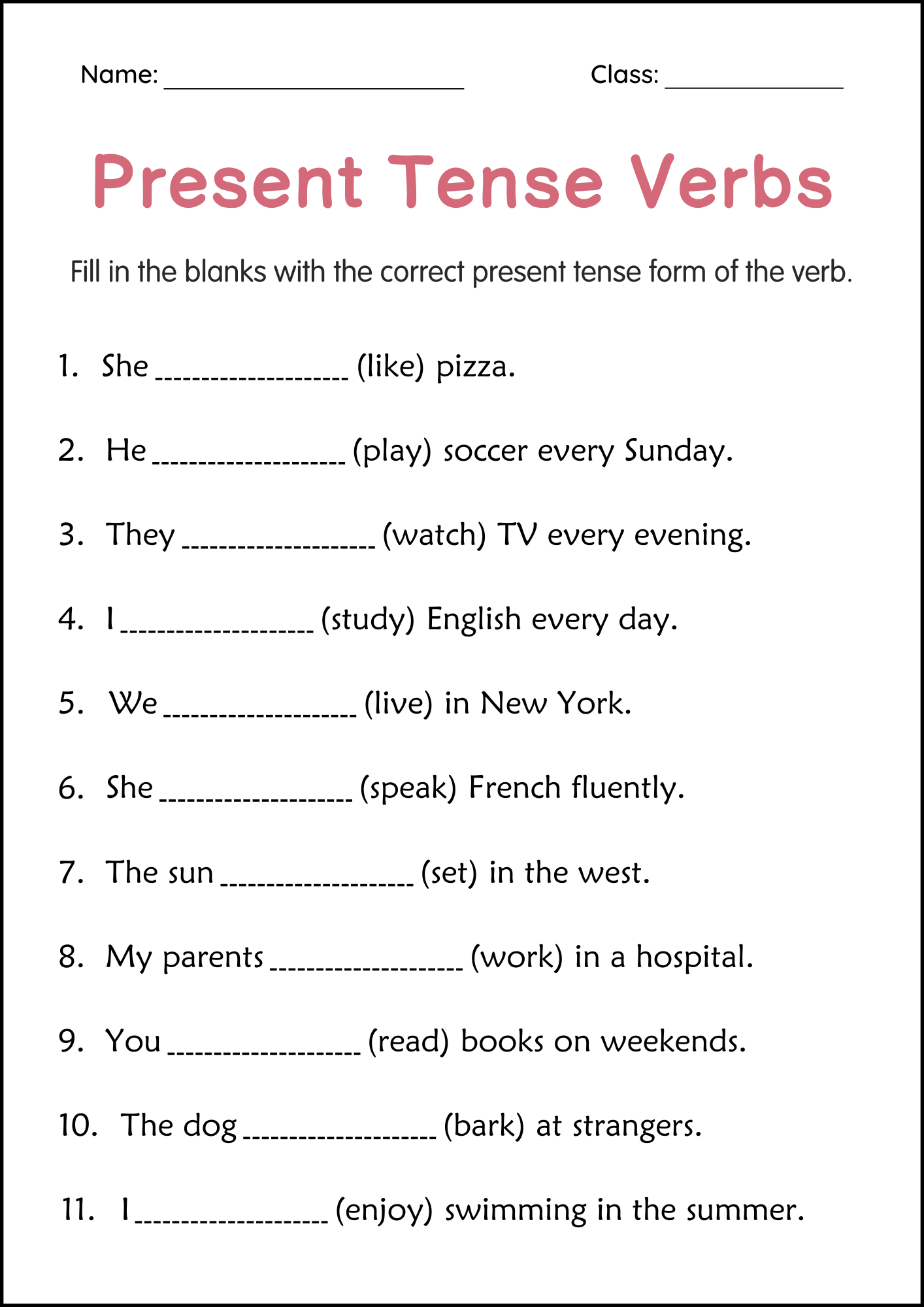 Printable Simple Present Tense Verbs Grammar Worksheets For Grade Printable Simple Present Tense Verbs Grammar Worksheets For Grade